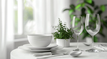 Elegant white dining table setup, blurry white background with copy space, depth of field, with green plants, wine glasses and white ceramic dinnerware, trending, minimalism concept. Generative ai.の素材