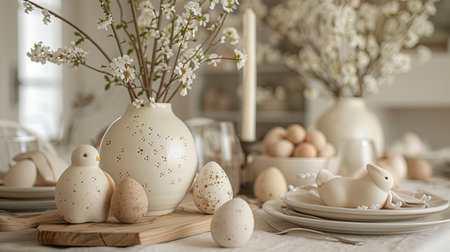 Beautiful Easter table setting with eggs and spring flowers. Modern light home interior, white eggs, holiday decorations, spring flowers, sunlight. Generative ai.の素材