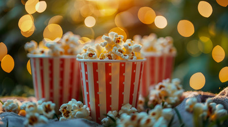 Big popcorns for Movie night at summer garden. Cozy outdoor cinema with soft summer lighting, pillows in backyard, large fabric as screen for romantic date. Generative ai.の素材