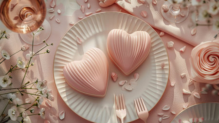 Beautiful romantic table setting for date with hearts and pink flowers. Modern light home interior, white and pink roses, holiday decorations, sunlight. Generative ai.の素材