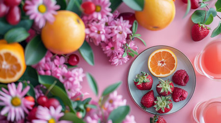 Festive summer season, multiple plates of delicious, fresh food on a pastel table, fresh salads, vegetables, fruits, drinks. Holiday summer party, healthy food concept. Generative ai.の素材