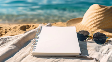 White hardcover spiral notebook mockup, on beach towel, vibrant blurred blue sea in the background. Empty space for product display. Writing Diary Summer Beach Vacation Concept. Generative ai.の素材