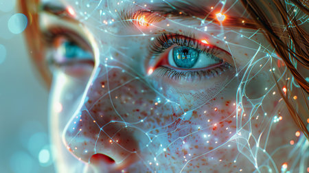 Futuristic artificial intelligence. Woman face in red blue azure colors. Human and artificial intelligence interaction concept. mental world. Psychology and Technology. Generative ai.の素材