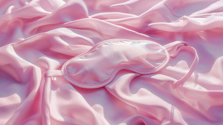 Healthy night sleep, relaxation and comfort concept. Sleep mask for healthy sleep is lying on a pink silk bed. Generative ai.の素材