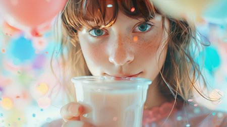 Happy teenage girl holding and drinking bubble milkshake cocktail in a sunny summer day and looking in to a camera. Happy summer holiday concept. Generative ai.の素材