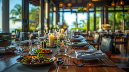 Long wooden dining table set with candles, fine dinnerware and delicious food. Beautiful romantic date concept, outside dining tablescape. Generative ai.の素材