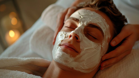 Young man with cosmetological mask on face lays on the coach for beauty procedures, closed eyes. Concept of health, relax, self care and me time. Generative ai.の素材