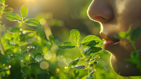 Smile Young woman's face and green microgreen sprouts around her, natural blurred background. Concept of gardening, joy, nature, eco-friendly lifestyle, growth, healthy raw food. Generative ai.の素材