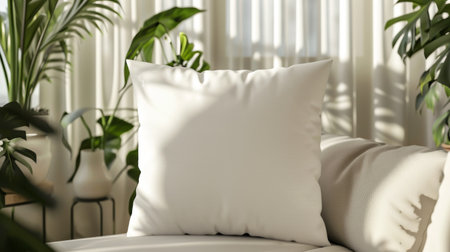 White square pillow mockup in a minimalist studio with a neutral color palette. Blank cushion case template for graphic design presentation. Pillow cover mock up for print, pattern. Generative ai.の素材