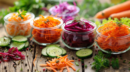 Home preservation, canning for the winter. Glass jars on a rustic table, canned pickled vegetables beets, carrots, cabbage, cucumbers, in bright kitchen. Generative ai.の素材