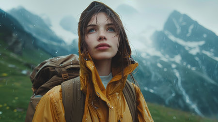 White young woman solo traveling with backpack hiking in the mountains, trekking in the mountains. active healthy lifestyle adventure journey vacations. Generative ai.の素材