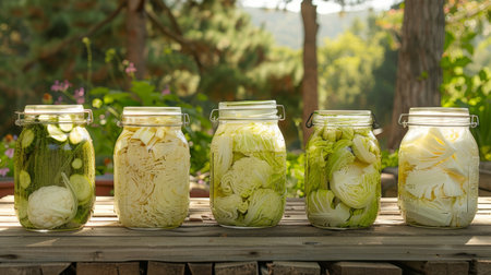 Glass jars with variety of vegetables for fermentation, cabbage and cucumbers, on wooden table outside, surrounded by nature, handmade, artisanal process. Generative ai.の素材