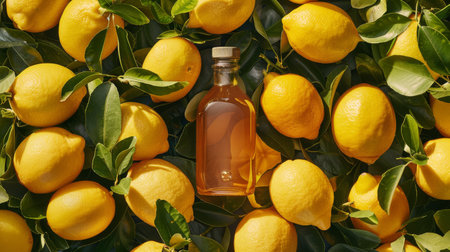 Bottle of probiotic fermented raw kombucha tea in background of lemons. Healthy natural probiotic drink. Generative ai.の素材