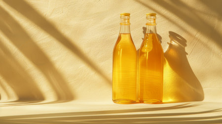 Probiotic flavored fermented raw kombucha tea in a glass jars on yellow background, copy space. Healthy natural probiotic drink. Generative ai.の素材
