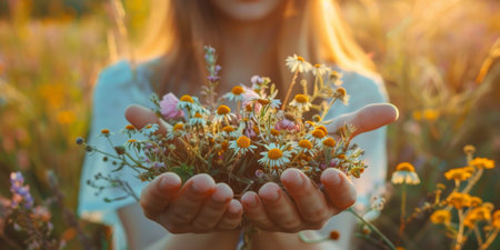 Young woman collects and dries medicinal herbs and flowers on nature sunny background. Herbal alternative medicine for holistic healing, healthy lifestyle concept. Generative ai.の素材