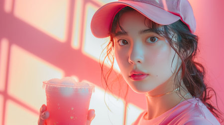 Smiling teenage girl drinking and enjoying pink Bubble boba milk tea in cup with tapioca pearls. Summer drink concept. Generative ai.の素材