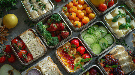 Lunch boxes with healthy organic and nutritious food for schoolchildren on colorful background. Back to school concept. Generative ai.の素材