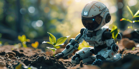 Artificial intelligence humanoid robot planting seeds, symbolizing the growth and evolution of robotic technologies, blurred sunny background. Generative ai.の素材