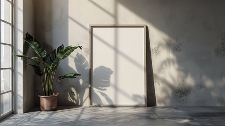 Empty frame mockup poster on modern wooden floor of the living room leaning on the white wall, empty space, sun shadows. Scandinavian style interior design. Generative ai.の素材