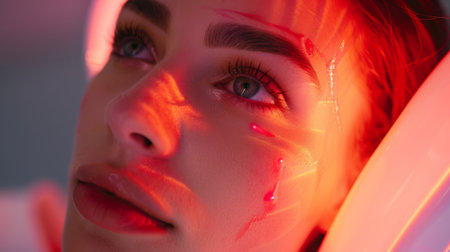 Young woman lying in an infrared therapy room surrounded by soft, undergoing facial therapy with red laser, warm light, blurred background. Skin care, cosmetology, anti aging concept. Generative ai.の素材