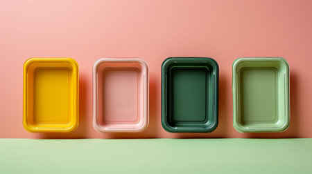 Colorful compostable cardboard empty food tray as an environmentally friendly alternative next to a polystyrene container on pink background. Eco-friendly company concept. Generative ai.の素材