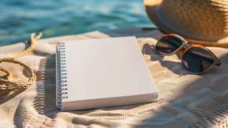 White hardcover spiral notebook mockup, on beach towel, vibrant blurred blue sea in the background. Empty space for product display. Writing Diary Summer Beach Vacation Concept. Generative ai.の素材