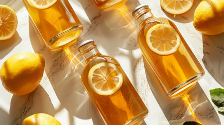 Lemon probiotic flavored fermented raw kombucha tea in a glass jars on natural beige background, copy space. Healthy natural probiotic drink. Generative ai.の素材