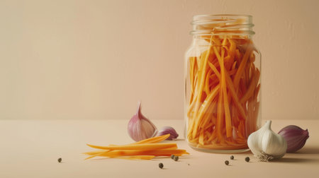 Home preservation, canning for the winter. Glass jars on a rustic table, canned pickled vegetables carrots on light beige orange background. Generative ai.の素材
