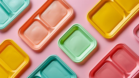 Colorful compostable cardboard empty food tray as an environmentally friendly alternative next to a polystyrene container on pink background. Eco-friendly company concept. Generative ai.の素材