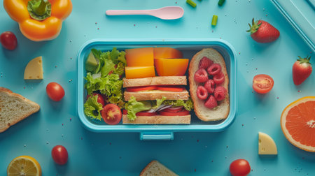 Lunch box with healthy organic and nutritious food for schoolchildren on colorful background. Back to school concept. Generative ai.の素材