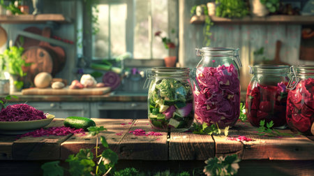 Home preservation, canning for the winter. Glass jars on a rustic table, canned pickled vegetables beets, carrots, cabbage, cucumbers, in bright kitchen. Generative ai.の素材
