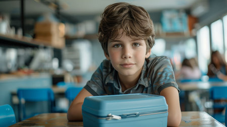 School boy eating healthy food from packed lunch box. Kids at table in cafeteria. Pupils have vegetarian breakfast in canteen. Back to school concept. Generative aiの素材