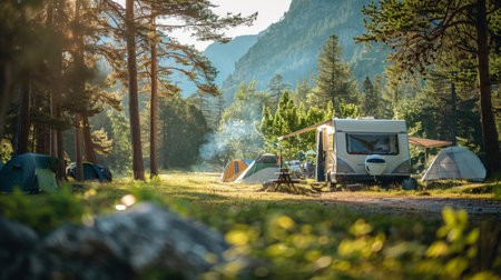 Family camping with travel trailer camper and eating at picnic table. Vacation with children, summer adventure, trip with kids, Family travel and vacation concept. Generative ai.の素材