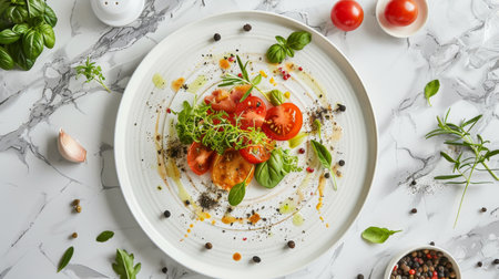 Fresh colorful spring vegetable salad in big white plate, healthy organic vegan lunch. concept of vegan, vegetarian and healthy food. Generative ai.の素材
