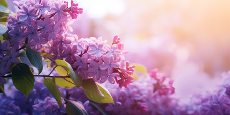 Floral spring background with purple lilac flowers, copy space, springtime concept. Beautiful floral card with bokeh brilliant sparkling. Generative ai.の素材