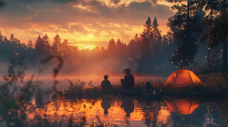 Dad and son doing camping, vacation with children, Summer adventure, trip with kids, Family travel and vacation concept. Fatherhood, Father's Day. Generative ai.の素材