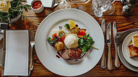 Festive holiday table setting with dish, full-course menu of French cuisine, top view. Generative ai.の素材