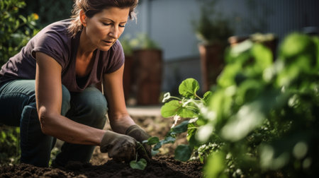 Woman gardening green herbs, planting flowers in her backyard garden at home, natural sunny blurred background. Responsibility of looking after planet, healthy life concept. Generative ai.の素材