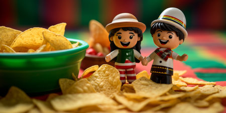 Mexican nachos chips for Cinco de Mayo holiday party celebration, bright background. Fifth of May celebration concept. Mexican background fiesta holiday time. Generative ai.の素材