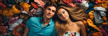 Young woman and man lying on a large pile of colorful clothes. Clothing recycling and extending the lifespan concept. Selling used clothes concept. Generative ai.の素材