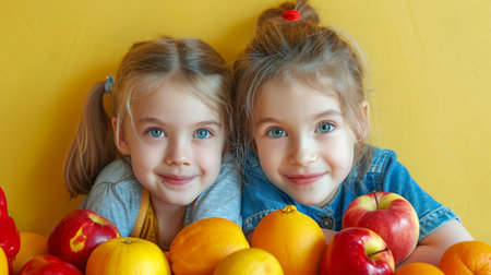Smiling little girls eating fresh fruits. Concept of proper and healthy nutrition for schoolchildren. Healthy eating at school and home. Generative ai.の素材