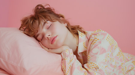 Young woman in silk pajamas with blanket and pillow sleeping on pink background. Healthy sleep, relaxation and comfort concept. Generative ai.の素材