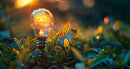 Light bulb and green plants, symbolizing green energy, sustainability and reusability. Ecological attitude towards combating climate change. Eco-Friendly Energy Concept. Generative ai.の素材