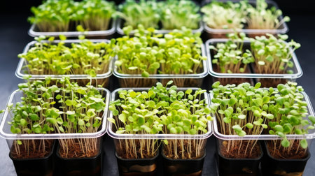 Microgreens growing background with microgreen sprouts in pots on the wooden table, garden and planting season. Raw food, healthy eating concept. Generative ai.の素材