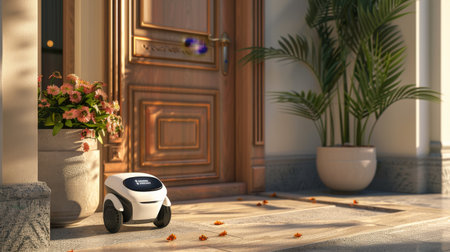 Robot delivering package directly to customer's front door. Smart artificial intelligence technology, autonomous courier robot, smooth and seamless delivery process concept. Generative ai.の素材