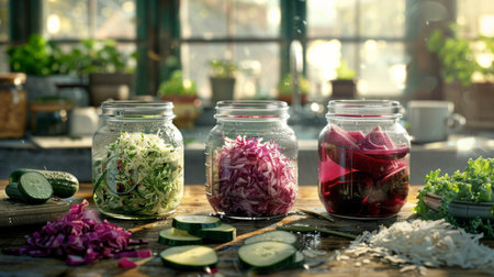 Home preservation, canning for the winter. Glass jars on a rustic table, canned pickled vegetables beets, carrots, cabbage, cucumbers, in bright kitchen. Generative ai.の素材