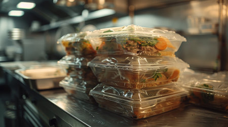 Takeaway containers on top of one another, home cook kitchen, Restaurant healthy food delivery in take away boxes. Generative ai.の素材