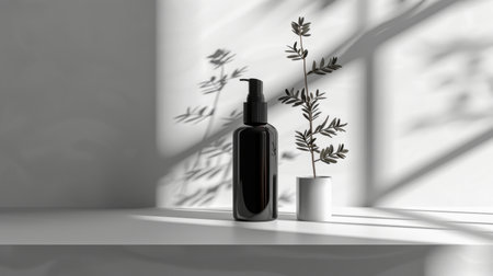 Mock up of natural beauty products. Black cosmetic bottles with dry leaves on light natural white gray stone background. Soft focus style. Organic cosmetic products concept. Generative ai.の素材