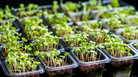 Microgreens growing background with microgreen sprouts in pots on the wooden table, garden and planting season. Raw food, healthy eating concept. Generative ai.の素材