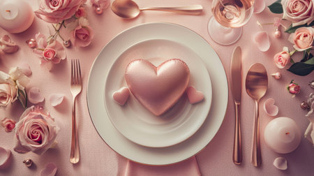Beautiful romantic table setting for date with hearts and pink flowers. Modern light home interior, white and pink roses, holiday decorations, sunlight. Generative ai.の素材